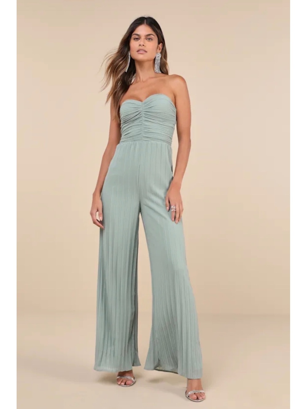 Lulus Certainly Charming Sage Pleated Strapless Wide Leg Jumpsuit Size M NWT